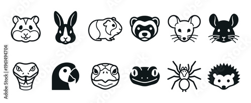 Collection of twelve black pet animal icons including rodents, reptiles, and exotic pets like a ferret, tarantula, and snake in a clean, minimalist line art and silhouette style