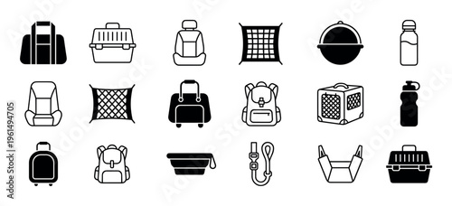 Collection of black pet travel icons featuring a carrier, car seat, safety net, leash, and other essential accessories for safe animal transportation in a minimalist glyph and line art style