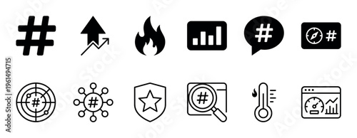 Set of black trending topic icons for social media engagement, including hashtag, flame, and analytics symbols in a minimalist glyph style for web and app design