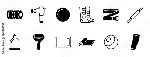 Set of recovery and wellness equipment icons in a clean black and white glyph and line art style, illustrating tools for massage, physical therapy, and muscle relief