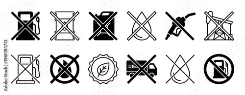 Set of black prohibition icons showing the rejection of fossil fuels, gasoline, and diesel, representing an ecological and environmental concept with minimalist vector graphics