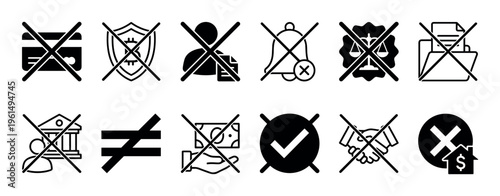 Black crossed-out business and finance icons set illustrating concepts of denial, error, forbidden actions, and cancellation in a minimalist glyph style