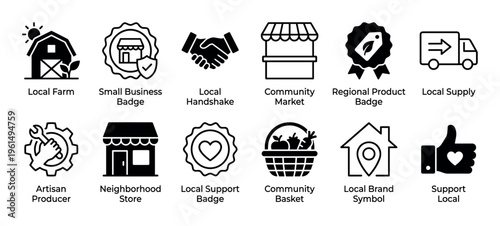 Set of black glyph icons representing local business, community support, and regional products, including symbols for farm, market, store, artisan, and supply chain concepts