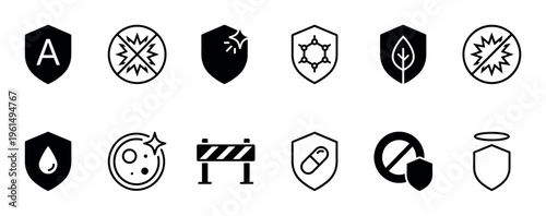 Set of black vector icons for product features, including symbols for protection, quality, antibacterial, waterproof, durability, and safety presented in a clean minimalist glyph style