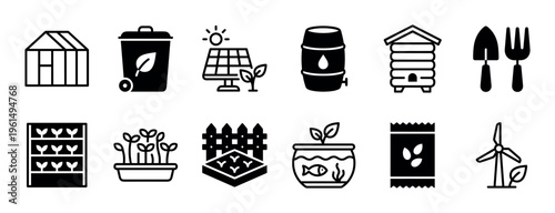 Set of black solid glyph icons representing urban farming, gardening, and sustainability concepts like a greenhouse, solar panel, compost bin, and aquaponics system in a minimalist style