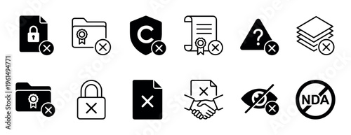Set of black cancellation and rejection icons showing invalid documents, failed security, broken agreements, and deleted files for user interface design