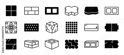 Collection of black building material icons including bricks, paving stones, concrete blocks, and tiles in both glyph and line art styles for construction and masonry concepts