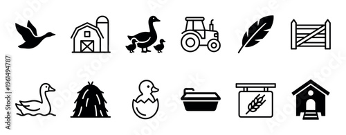 Comprehensive collection of black and white farm icons, depicting various animals, buildings, and equipment associated with rural life, presented in a clean, illustrative style