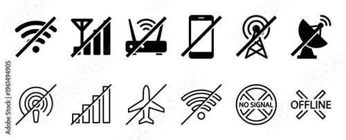 Collection of black no signal icons representing offline status, poor connection, and internet problems, including crossed-out wifi, cellular, router, and airplane mode symbols