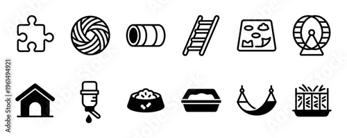Set of black line and solid icons for hamster cage accessories including a running wheel, house, food bowl, water bottle, and various toys for small domestic pets