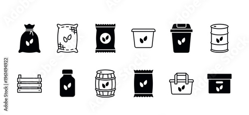 Set of black seed packaging icons showing various containers like sacks, bags, barrels, and crates in a simple minimalist glyph and line art style for agricultural concepts