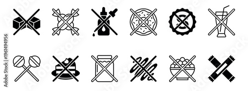 Collection of black sugar-free icons showing prohibited unhealthy food and drinks for a healthy diet, including candy, cake, soda, and donuts, presented in a minimalist line art style