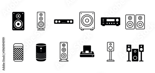 Collection of diverse audio device icons, including various speakers, soundbars, and receivers, presented in a clean, minimalist black and white flat design style