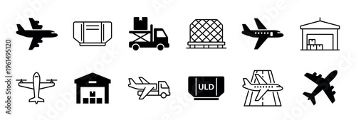Collection of black air freight icons for logistics and transportation, featuring simple glyph and line art symbols of airplanes, cargo containers, warehouses, and airport vehicles