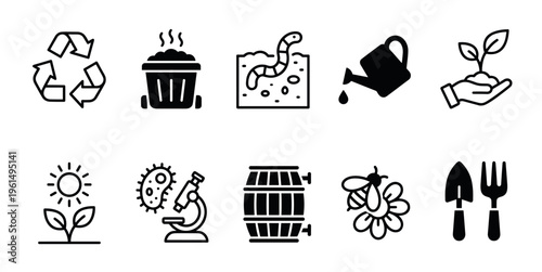 Set of black compost and gardening icons showing recycling, vermicomposting, watering, planting, and pollination symbols for sustainable agriculture and eco-friendly living concepts