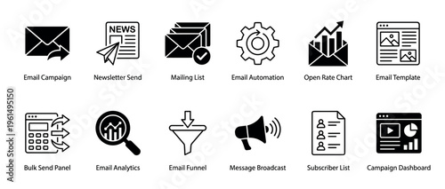 Twelve black email marketing icons representing concepts like campaign, newsletter, automation, analytics, funnel, and subscriber list, presented in a clean and simple glyph style