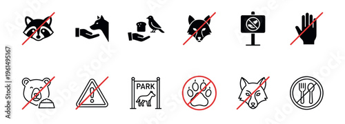 Collection of black vector icons showing prohibition signs for parks and wildlife areas, including do not feed animals, no pets allowed, and other important safety regulations