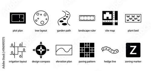 Twelve black glyph icons for landscape architecture and garden planning, including symbols for plot plan, site map, paving pattern, irrigation layout, design compass, and zoning marker