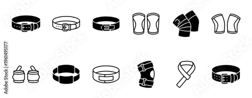 Collection of black and white icons featuring various belts, knee pads, and protective gear for sports and fashion in a clean, minimalist line art and glyph style illustration set