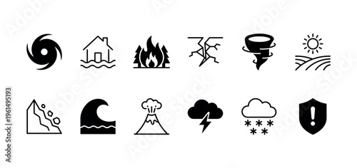 Set of black natural disaster icons representing catastrophic weather events like hurricane, flood, earthquake, and volcano for risk, emergency, and insurance concepts