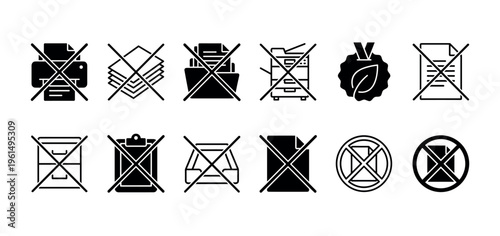 Set of black glyph icons for a paperless office concept showing crossed out printers, documents, and folders with an eco-friendly leaf symbol for environmental conservation