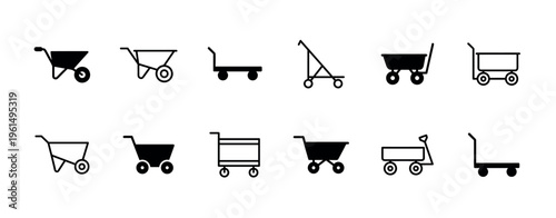 Collection of black wheelbarrow and cart icons in a minimalist line art and solid glyph style, featuring various designs for shopping, construction, and logistics equipment