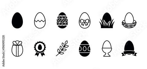 Set of black Easter egg icons in a simple minimalist line art and silhouette style, showing a collection of decorated eggs, a nest, a bow, grass, and an egg cup