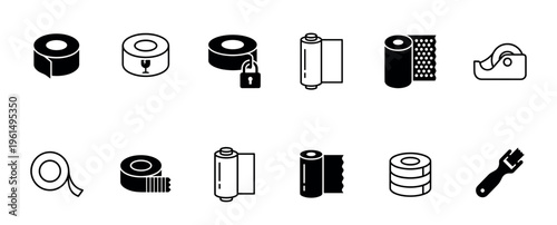 Set of black adhesive tape vector icons featuring different types of rolls, packing materials, stretch film, and a dispenser, presented in a clean glyph and outline style