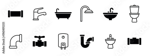 Set of black plumbing and bathroom icons featuring various fixtures like a toilet, sink, faucet, and shower in a minimalist glyph and line art style for sanitary ware concepts