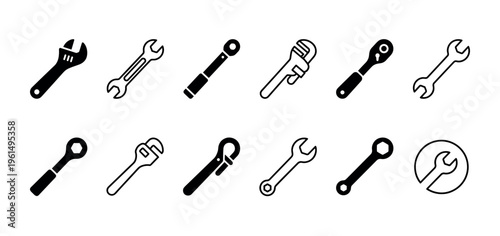Collection of black wrench and spanner icons in various minimalist styles, including solid glyphs and simple line art illustrations for mechanical or repair themes