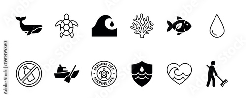 Set of black minimalist vector icons for marine life conservation, including a whale, turtle, fish, coral, wave, and symbols for environmental protection and ocean cleanup