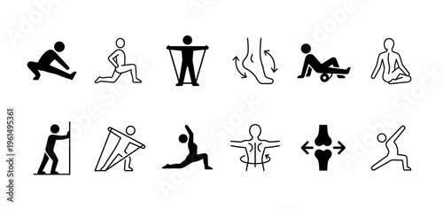 Set of black physical therapy and exercise icons showing various stretching, rehabilitation, and fitness movements in a simple glyph and line art style for health and wellness