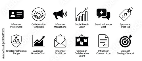 Set of black influencer marketing icons representing collaboration, social reach, sponsored posts, audience growth, and outreach strategy in a minimalist glyph style for digital media