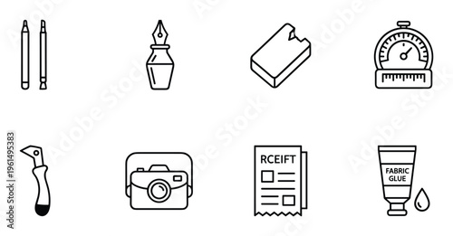 Minimalist line icons for art studio tools and camera equipment on gray transparent grid background