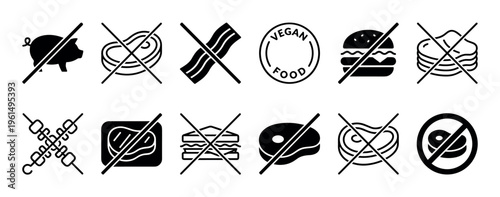 Set of black minimalist icons representing meat-free, vegan, and vegetarian food concepts, including crossed-out pork, beef, bacon, and burgers for dietary restriction symbols