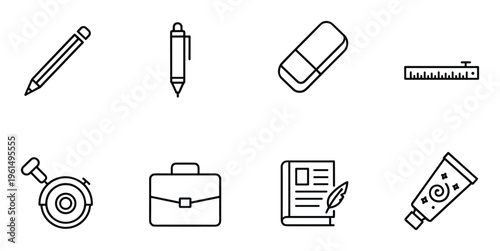 Office stationery line icons featuring pencil pen eraser ruler circular saw briefcase book and tube