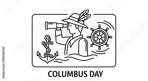 Minimalist line art depicting a historical maritime figure exploring horizons, surrounded by