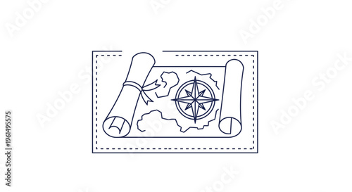 Minimalist outline illustration of a vintage treasure map with compass rose and scrolls on white