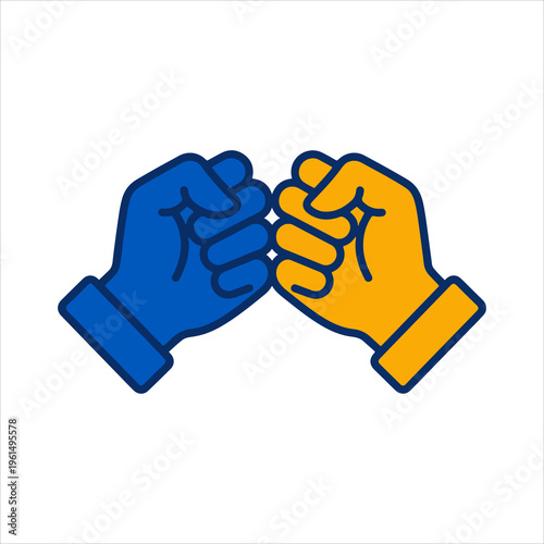 Two fists in blue and yellow colors making a pinky promise gesture.