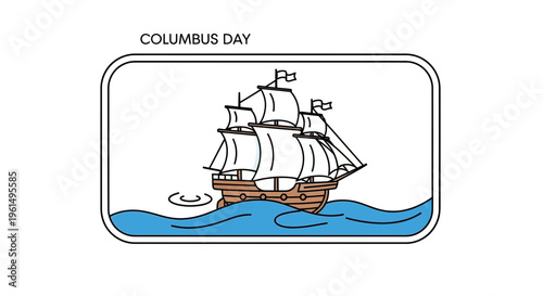 Commemorative Illustration of a Historic Sailing Ship Navigating Ocean Waves for Columbus Day
