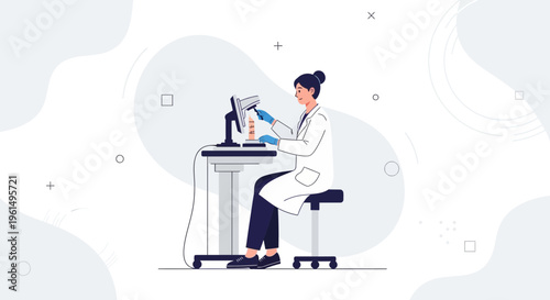 Scientist in Lab Coat Examining Sample Under Microscope in Modern Laboratory