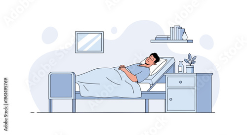 Man resting in hospital bed, recovery, medical care, healthcare concept