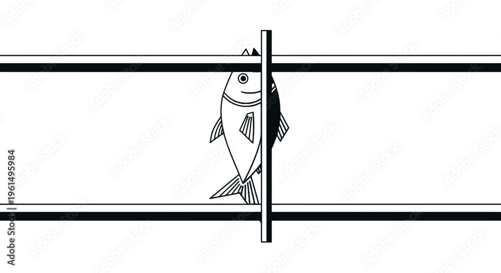 Obraz premium Minimalist black and white illustration of a fish divided by a vertical line framed horizontally