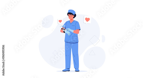 Nurse holding baby, checking smartwatch, heart icons, medical concept