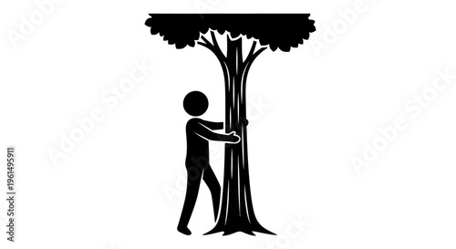 Minimalist graphic conveying profound environmental connection, featuring a human figure embracing