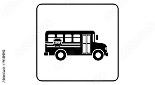 Minimalist graphic illustration of a classic school bus with an iconic stop sign symbol for pupil
