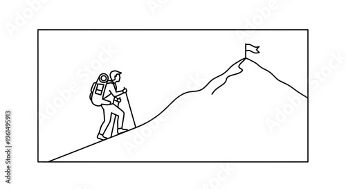 Solo adventurer conquers uphill journey towards a symbolic flag planted atop a distant mountain peak