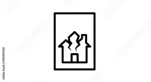 Simple line art icon depicting a house experiencing significant structural damage or collapse due