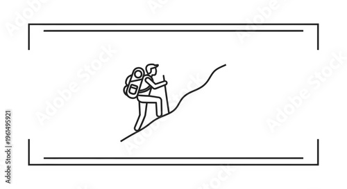 Vector outline of a solo backpacker trekking upward on a sloping path with gear representing