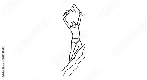 Striking minimalist outline of a victorious mountaineer reaching a lofty peak in triumph